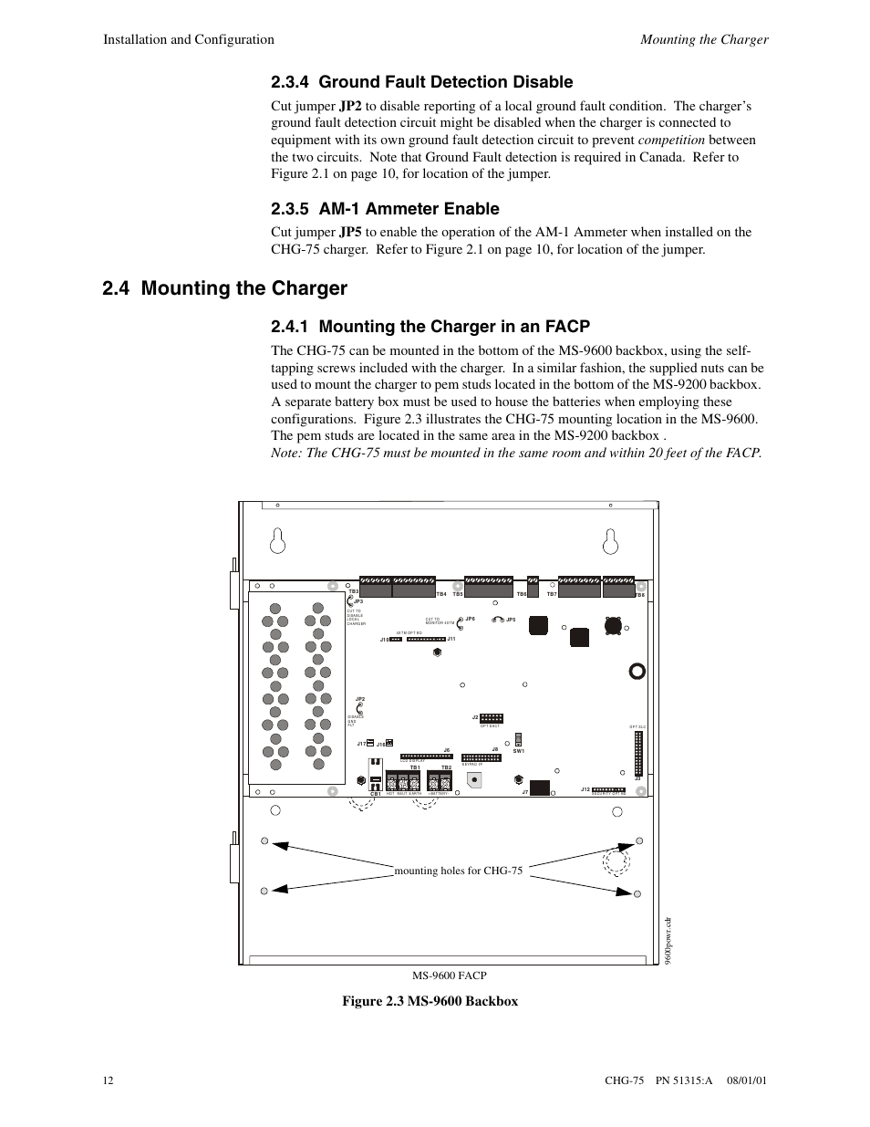 4 mounting the charger, 4 ground fault detection disable, 5 am-1 ammeter enable | 1 mounting the charger in an facp | Fire-Lite CHG-75 Battery Charger User Manual | Page 12 / 32