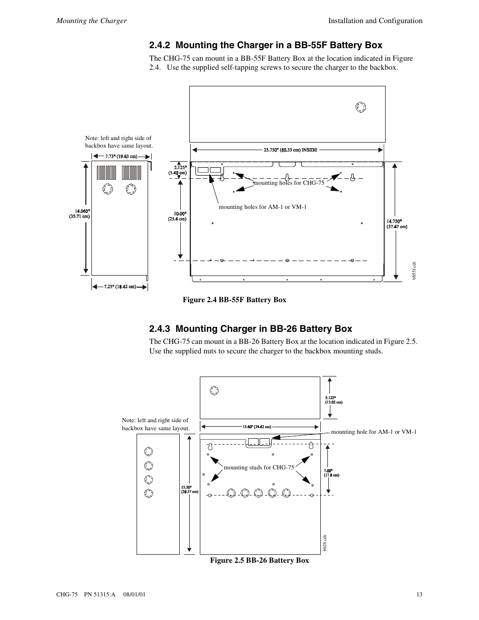 2 mounting the charger in a bb-55f battery box, 3 mounting charger in bb-26 battery box | Fire-Lite CHG-75 Battery Charger User Manual | Page 13 / 32