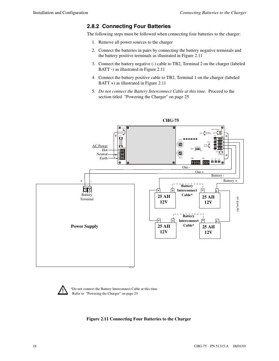 2 connecting four batteries, 25 ah 12v, Ac power hot neutral earth battery terminal | Battery interconnect cable | Fire-Lite CHG-75 Battery Charger User Manual | Page 18 / 32