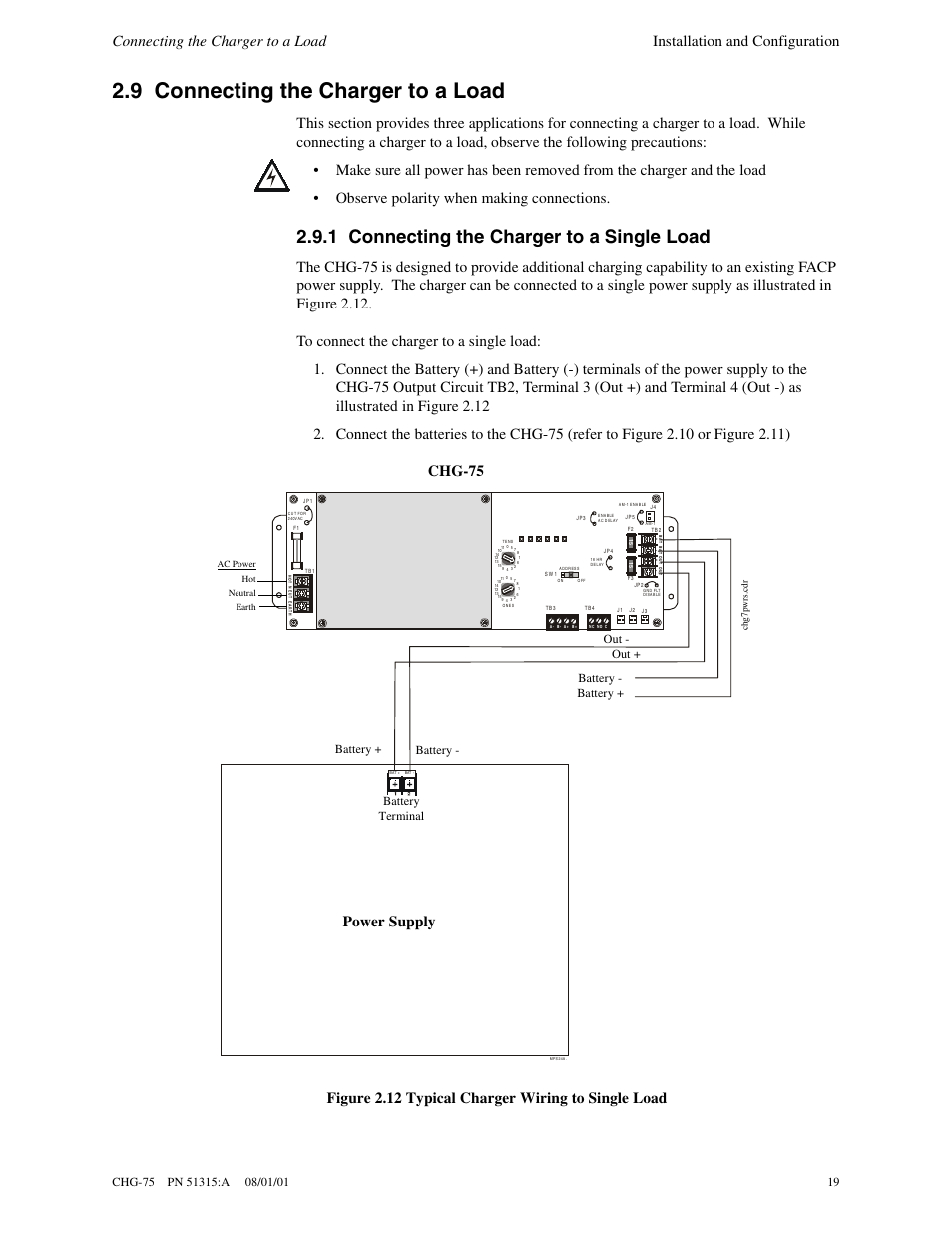 9 connecting the charger to a load, 1 connecting the charger to a single load, Battery + battery - out + out | Battery terminal battery - battery | Fire-Lite CHG-75 Battery Charger User Manual | Page 19 / 32