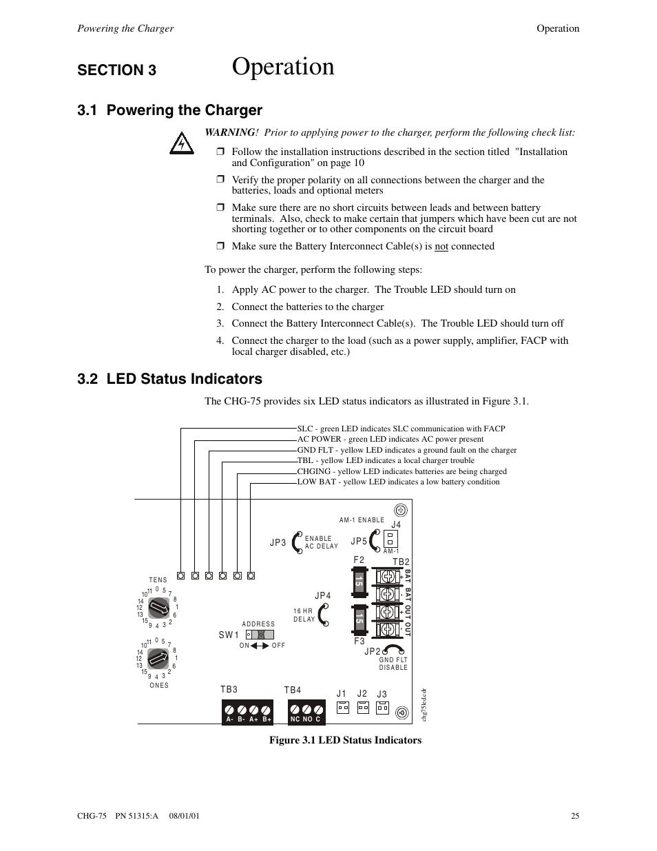 Operation, 1 powering the charger, 2 led status indicators | Fire-Lite CHG-75 Battery Charger User Manual | Page 25 / 32