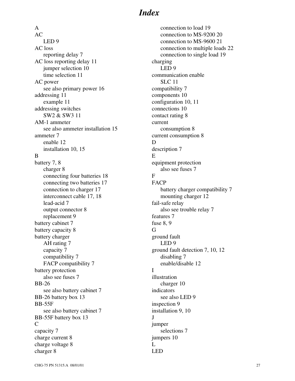Index | Fire-Lite CHG-75 Battery Charger User Manual | Page 27 / 32