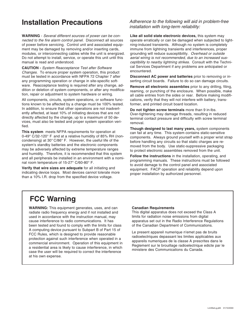 Fcc warning installation precautions | Fire-Lite CHG-75 Battery Charger User Manual | Page 3 / 32