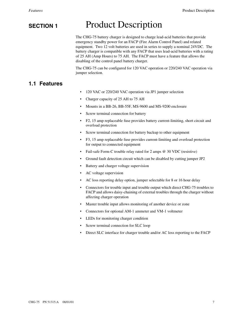 Product description, 1 features | Fire-Lite CHG-75 Battery Charger User Manual | Page 7 / 32