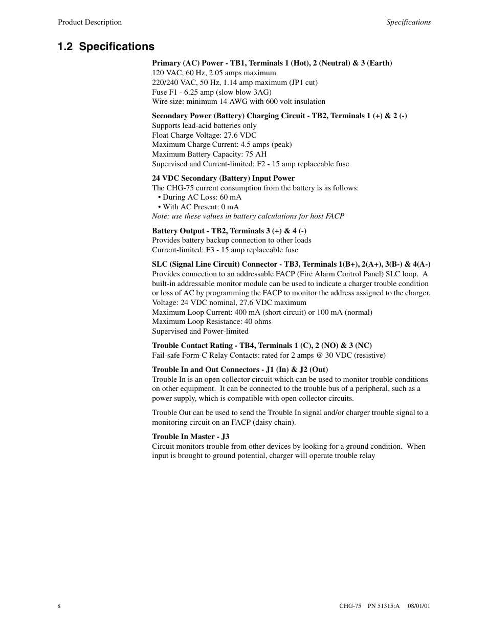 2 specifications | Fire-Lite CHG-75 Battery Charger User Manual | Page 8 / 32