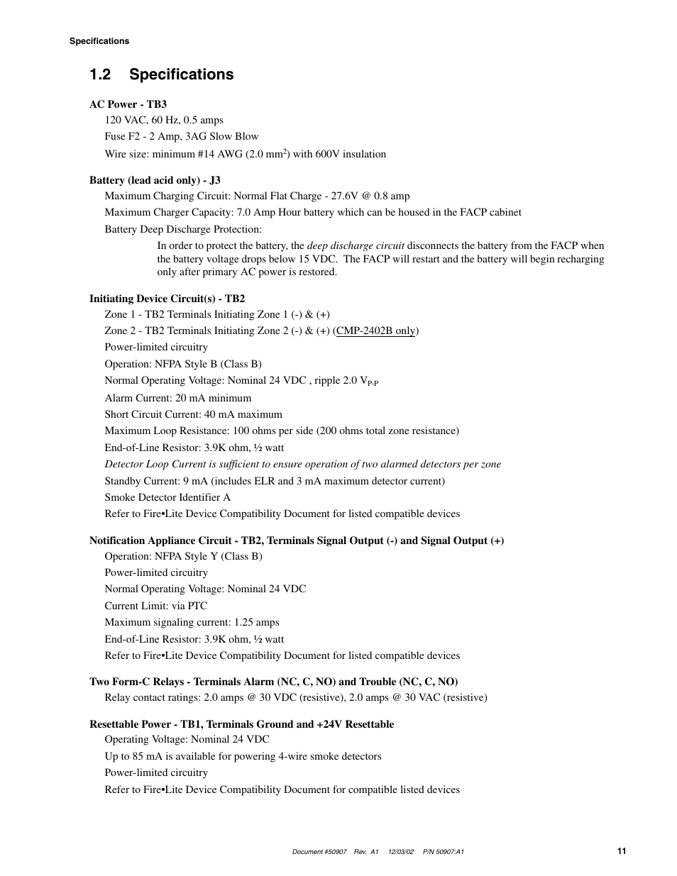 2 specifications | Fire-Lite CMP-2402B Fire Alarm Control Panel User Manual | Page 11 / 36