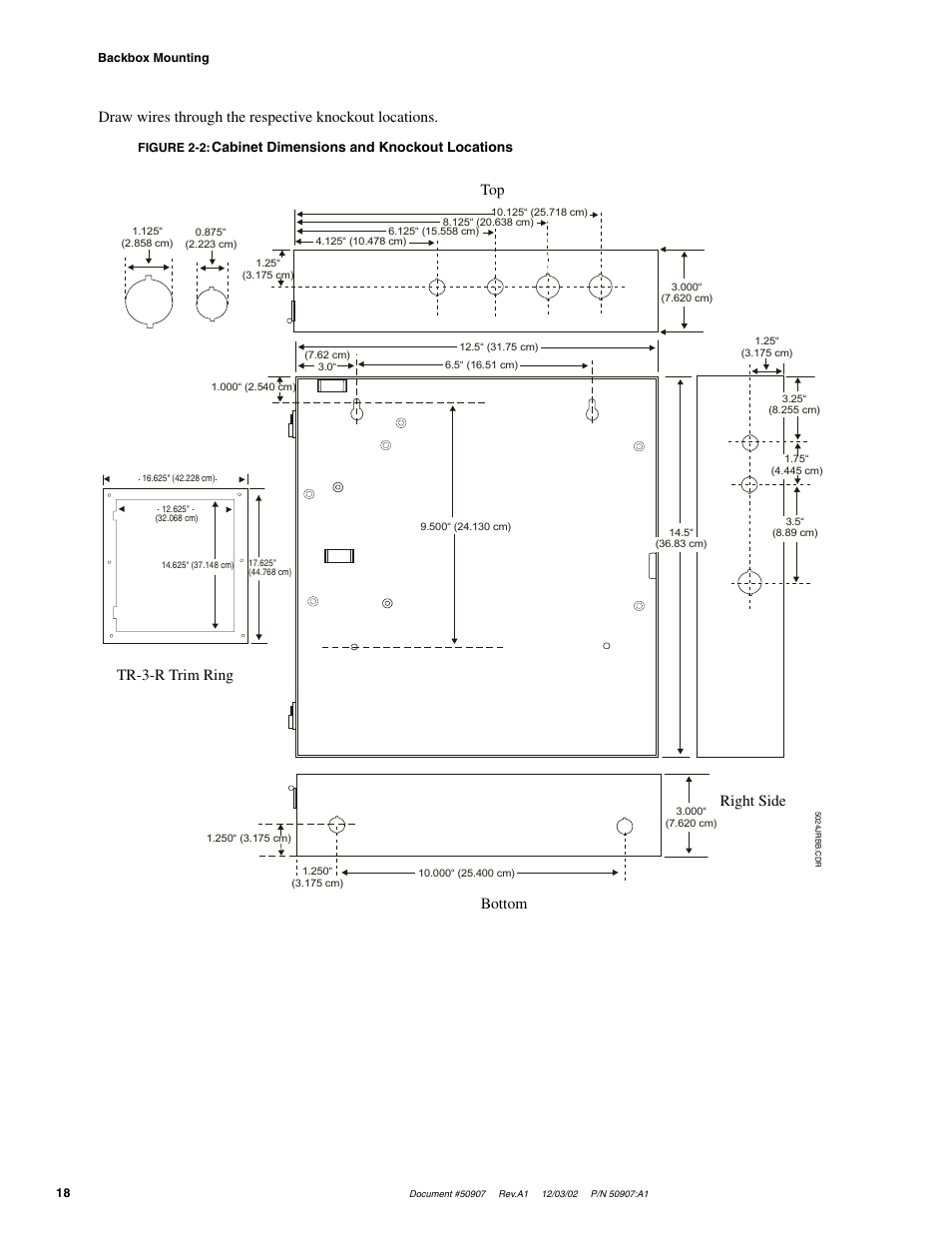 Bottom top right side, Tr-3-r trim ring, Cabinet dimensions and knockout locations | Fire-Lite CMP-2402B Fire Alarm Control Panel User Manual | Page 18 / 36