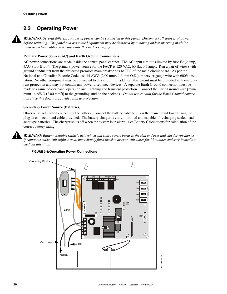 3 operating power, Operating power connections, Operating power 20 | Figure 2-4, Neutral earth hot ac grounding stud | Fire-Lite CMP-2402B Fire Alarm Control Panel User Manual | Page 20 / 36