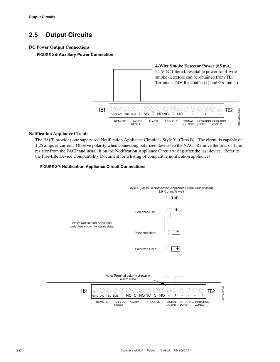 5 output circuits, Tb1 tb2 | Fire-Lite CMP-2402B Fire Alarm Control Panel User Manual | Page 22 / 36