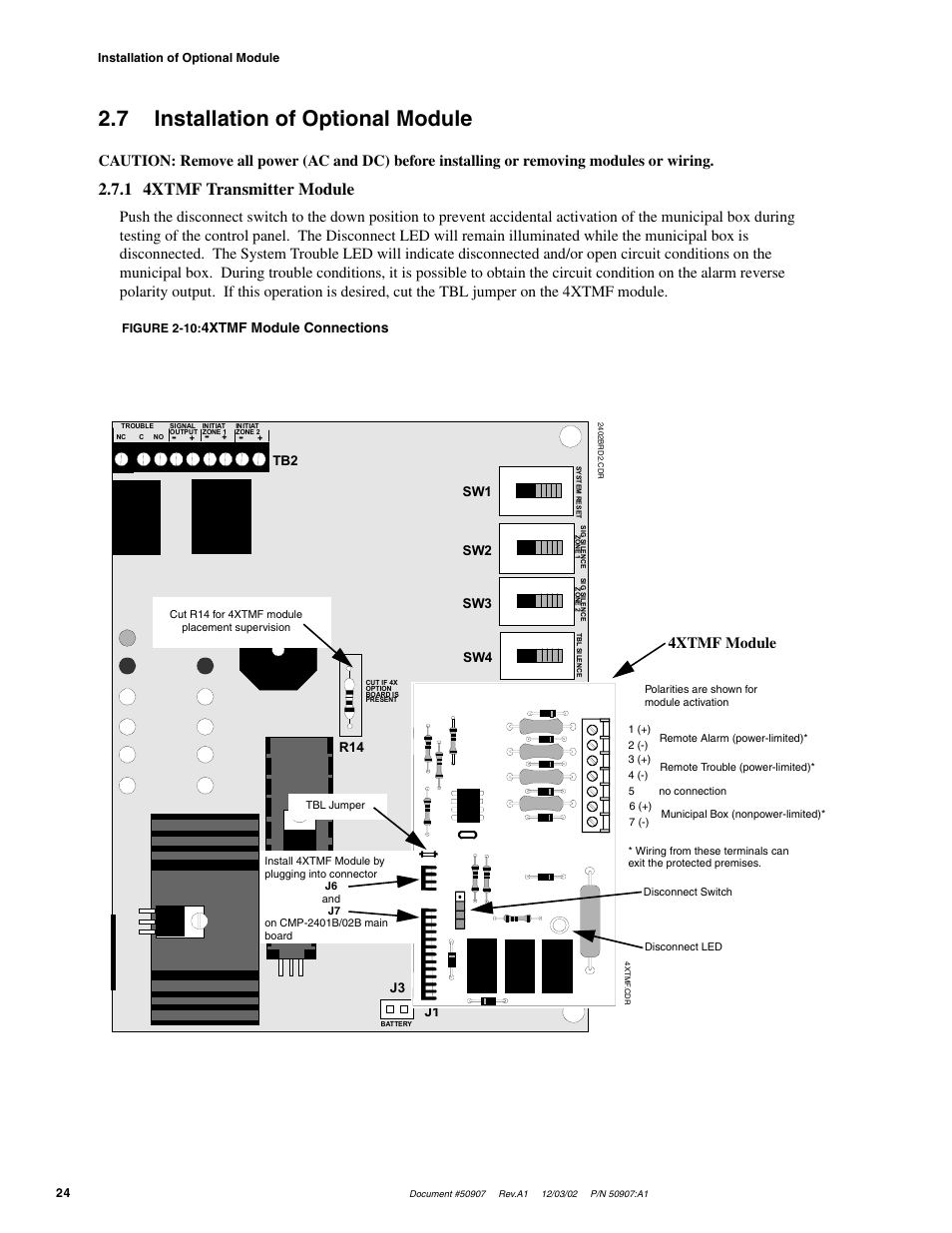 7 installation of optional module, 1 4xtmf transmitter module, 4xtmf module | 4xtmf module connections, J1 j4 | Fire-Lite CMP-2402B Fire Alarm Control Panel User Manual | Page 24 / 36