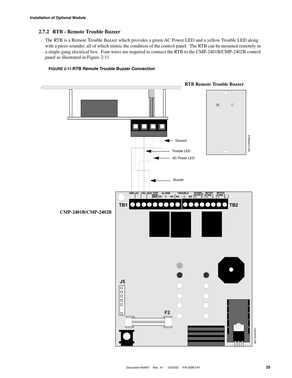 2 rtb - remote trouble buzzer, Rtb remote trouble buzzer connection | Fire-Lite CMP-2402B Fire Alarm Control Panel User Manual | Page 25 / 36