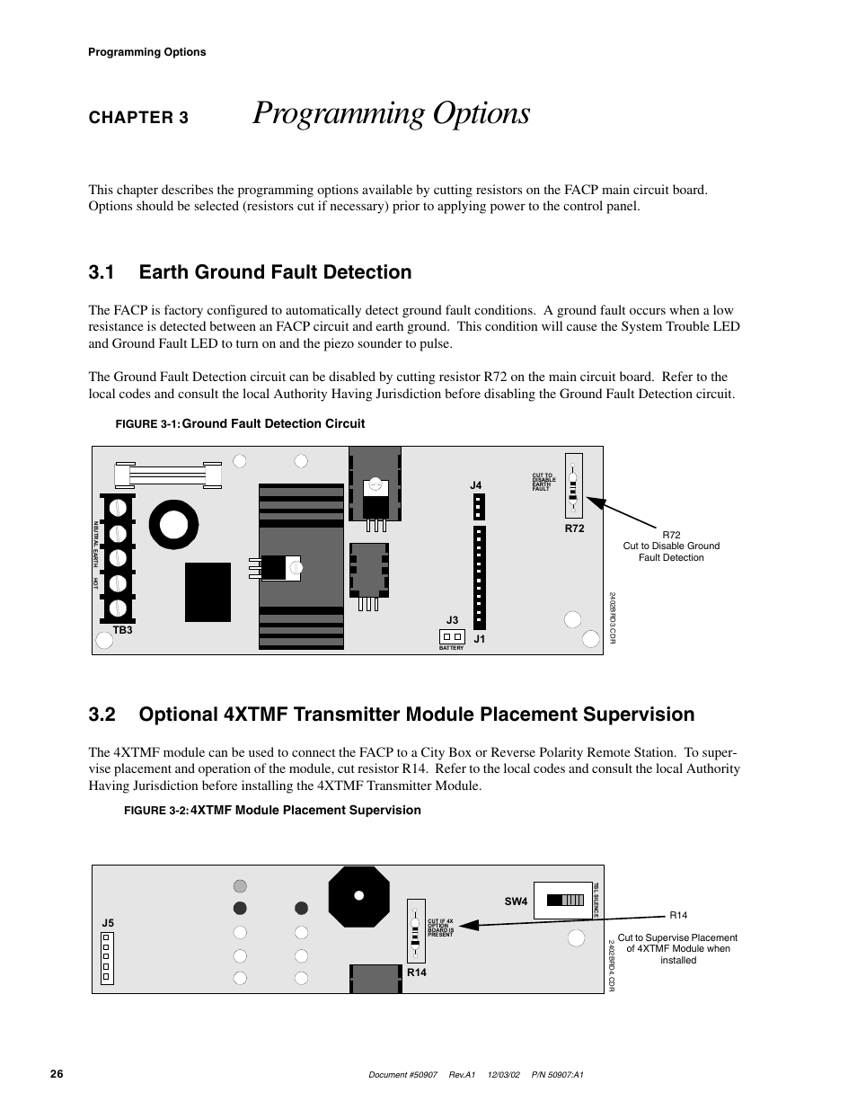 Programming options, 1 earth ground fault detection, Chapter 3 | Ground fault detection circuit, 4xtmf module placement supervision | Fire-Lite CMP-2402B Fire Alarm Control Panel User Manual | Page 26 / 36