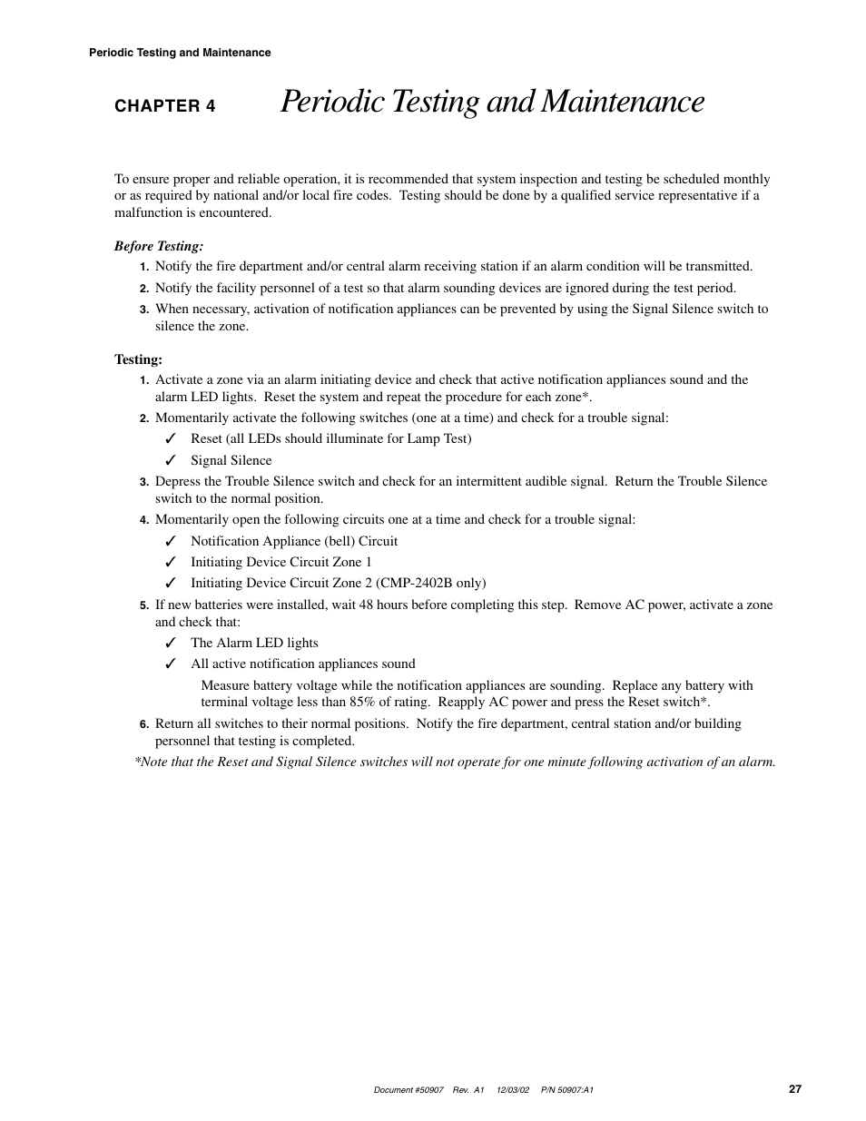 Periodic testing and maintenance, Chapter 4 | Fire-Lite CMP-2402B Fire Alarm Control Panel User Manual | Page 27 / 36