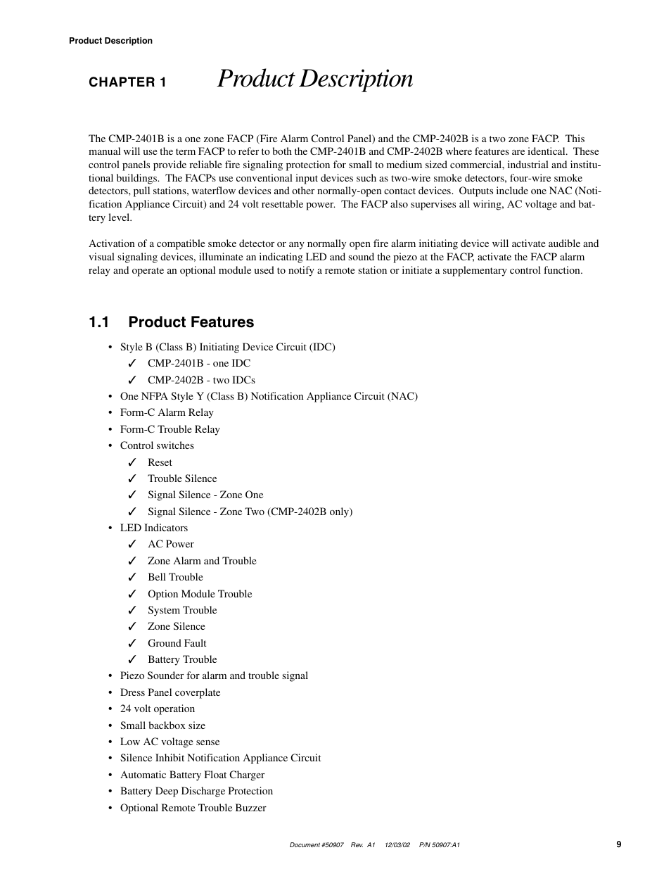 Product description, 1 product features | Fire-Lite CMP-2402B Fire Alarm Control Panel User Manual | Page 9 / 36