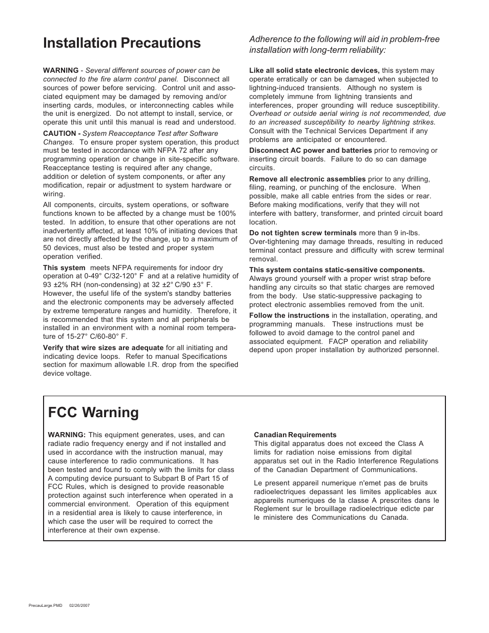 Fcc warning installation precautions | Fire-Lite DACT-UD2 Digital Alarm Communicator/Transmitter User Manual | Page 3 / 52