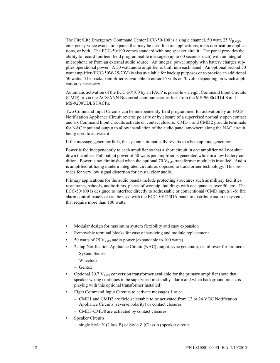 Section 1: product description, 1 product features, Product features | Fire-Lite ECC-50/100E Emergency Command Center User Manual | Page 12 / 108