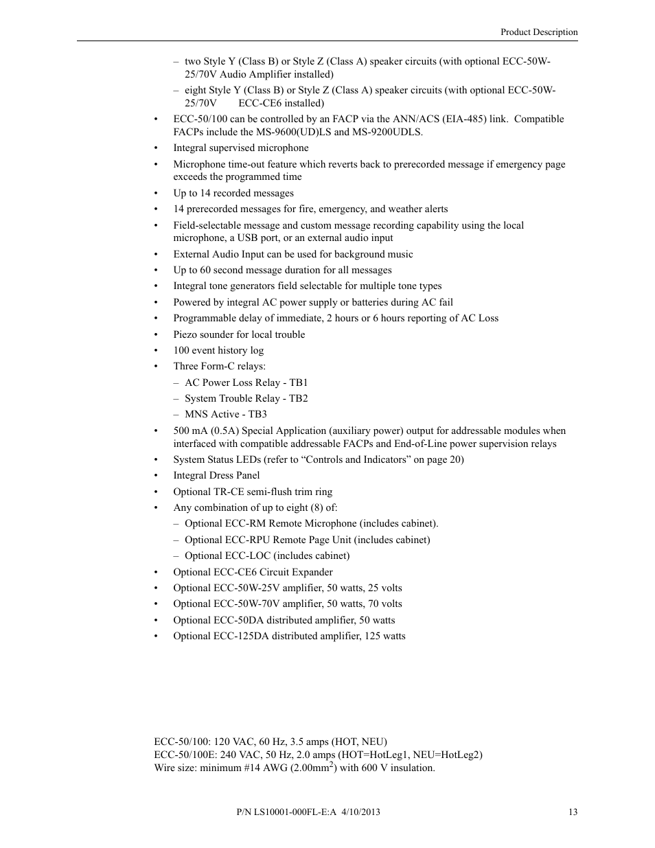 2 input/output circuit specifications, 1 ecc-50/100 main control board, Input/output circuit specifications | Ecc-50/100 main control board | Fire-Lite ECC-50/100E Emergency Command Center User Manual | Page 13 / 108