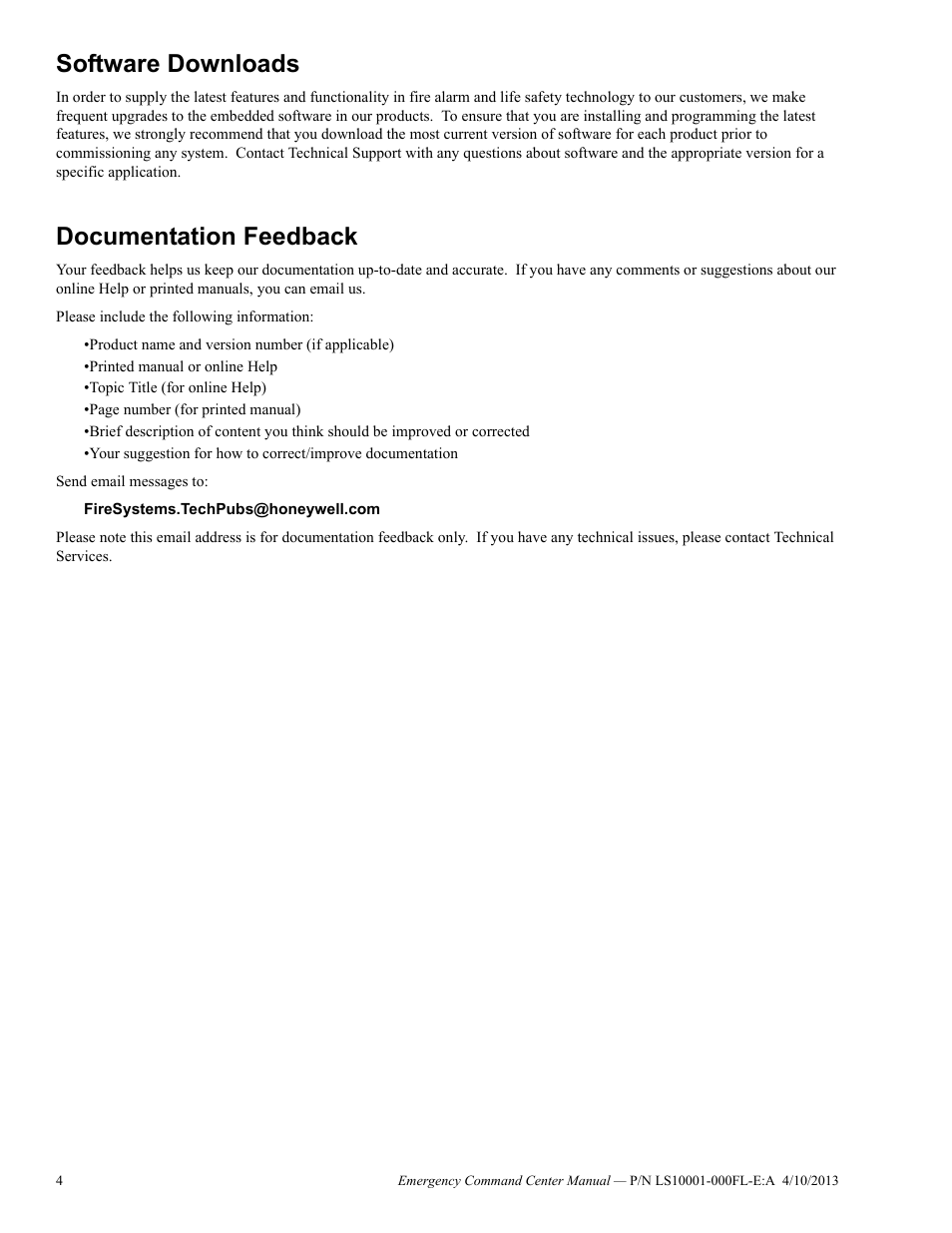 Software downloads, Documentation feedback | Fire-Lite ECC-50/100E Emergency Command Center User Manual | Page 4 / 108