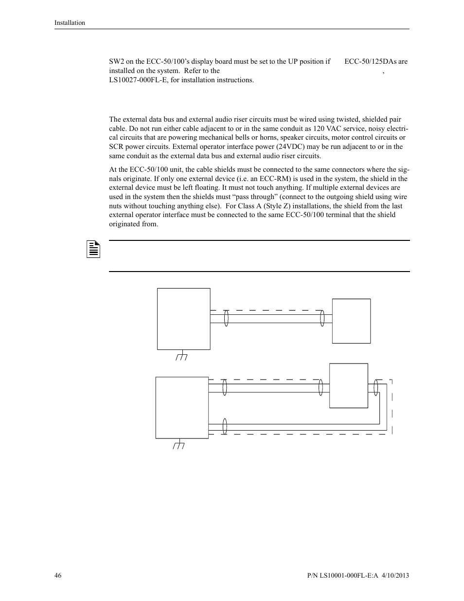10 ecc-50/125da distributed audio amplifier, 11 shielding for external device wiring, Ecc-50/125da distributed audio amplifier | Shielding for external device wiring | Fire-Lite ECC-50/100E Emergency Command Center User Manual | Page 46 / 108