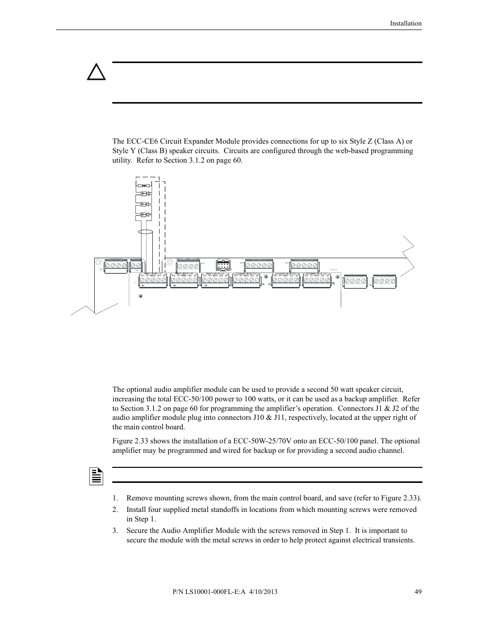 13 installation of option modules, 1 ecc-ce6 circuit expander module, 2 audio amplifier module (ecc-50w-25/70v) | Installation, Installation of option modules, Ecc-ce6 circuit expander module, Audio amplifier module (ecc-50w-25/70v) | Fire-Lite ECC-50/100E Emergency Command Center User Manual | Page 49 / 108