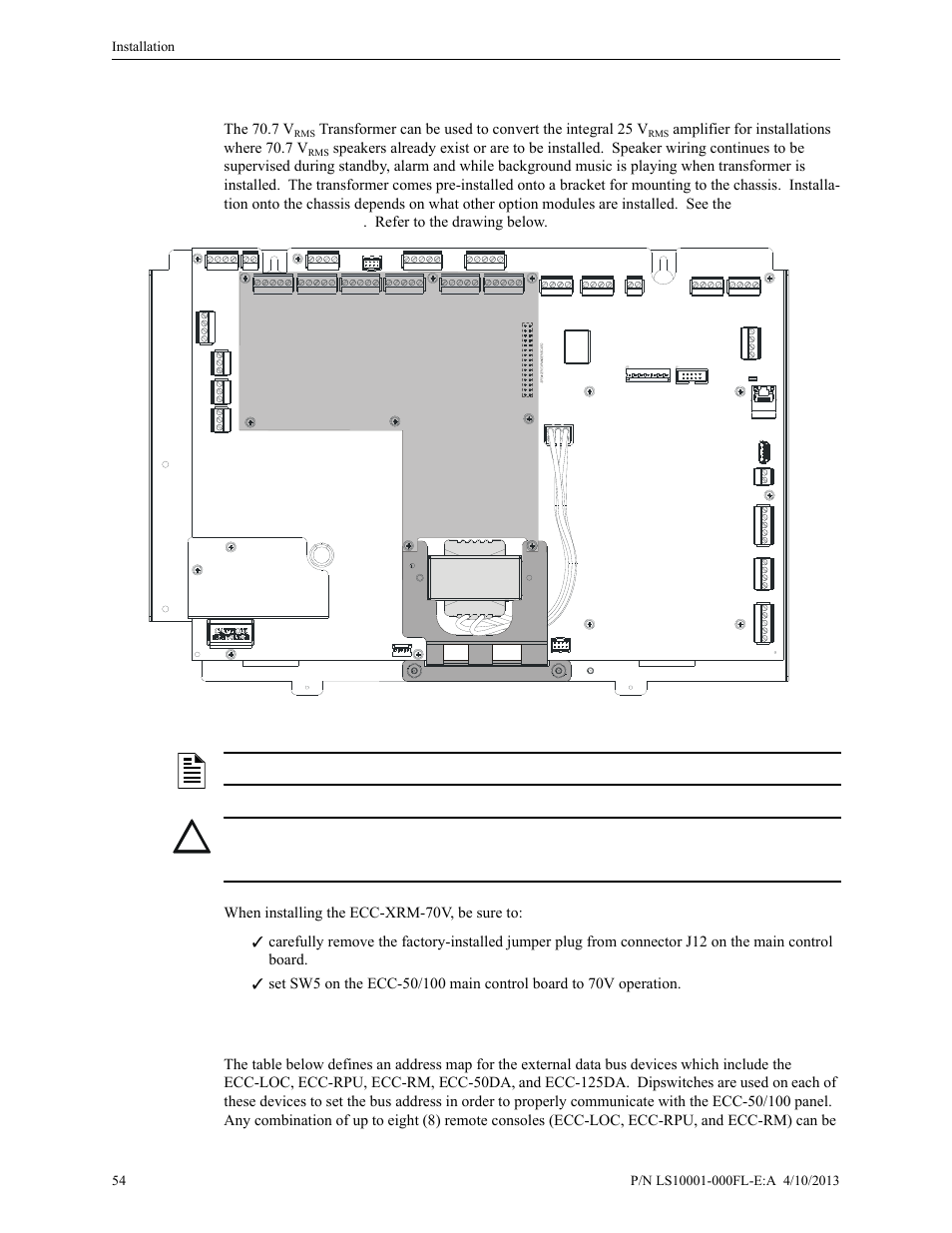 3 70.7 vrms transformer (ecc-xrm-70v), 14 addressing external data bus devices, 70.7 v | Addressing external data bus devices, 3 70.7 v, Transformer (ecc-xrm-70v) | Fire-Lite ECC-50/100E Emergency Command Center User Manual | Page 54 / 108