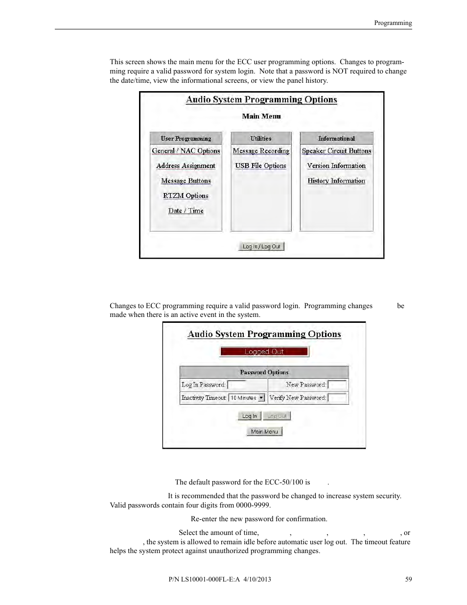 1 main menu - user programming, 1 password options, Main menu - user programming | Password options | Fire-Lite ECC-50/100E Emergency Command Center User Manual | Page 59 / 108