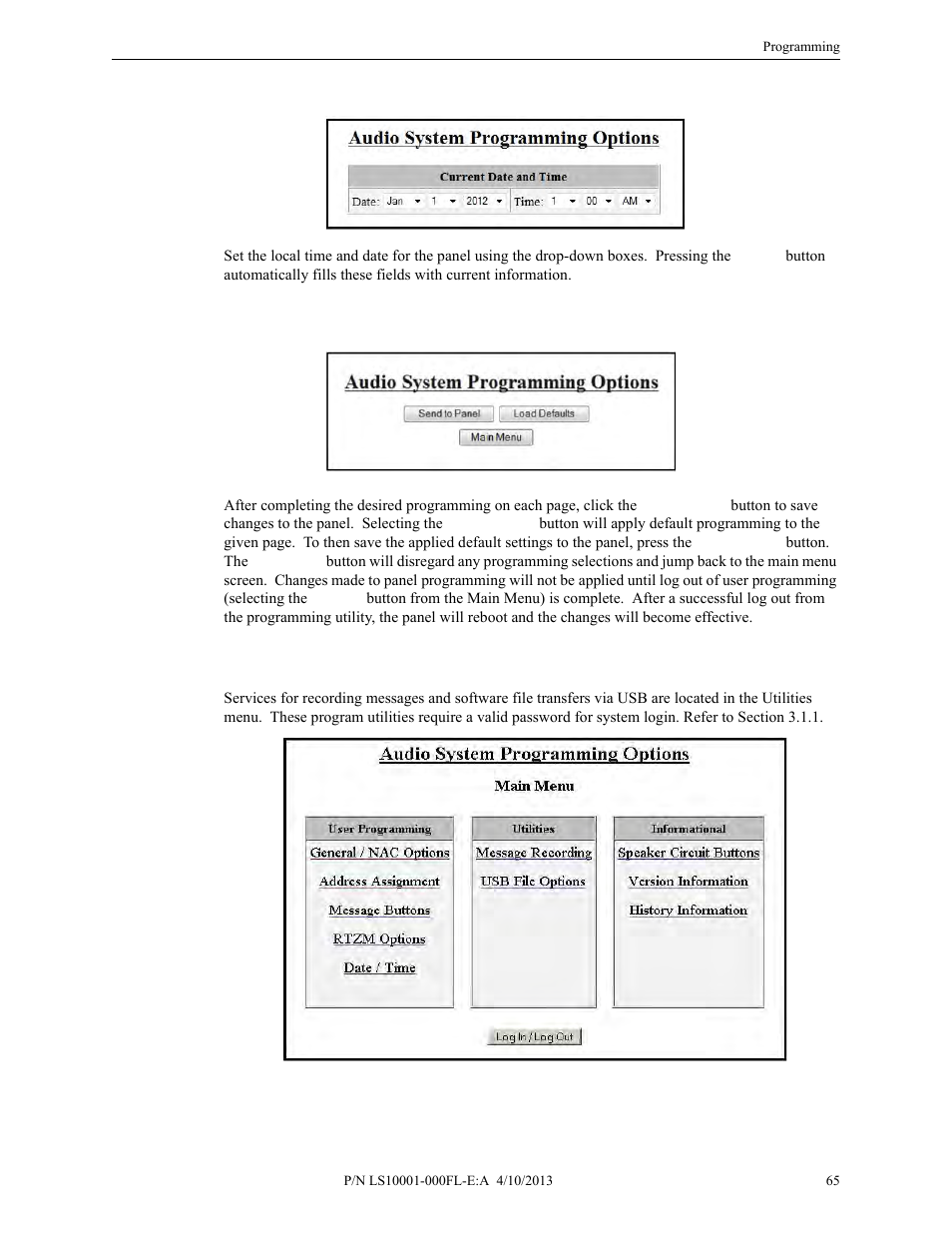 5 date / time, 6 send to panel, 2 main menu - utilities | Date / time, Send to panel, Main menu - utilities | Fire-Lite ECC-50/100E Emergency Command Center User Manual | Page 65 / 108