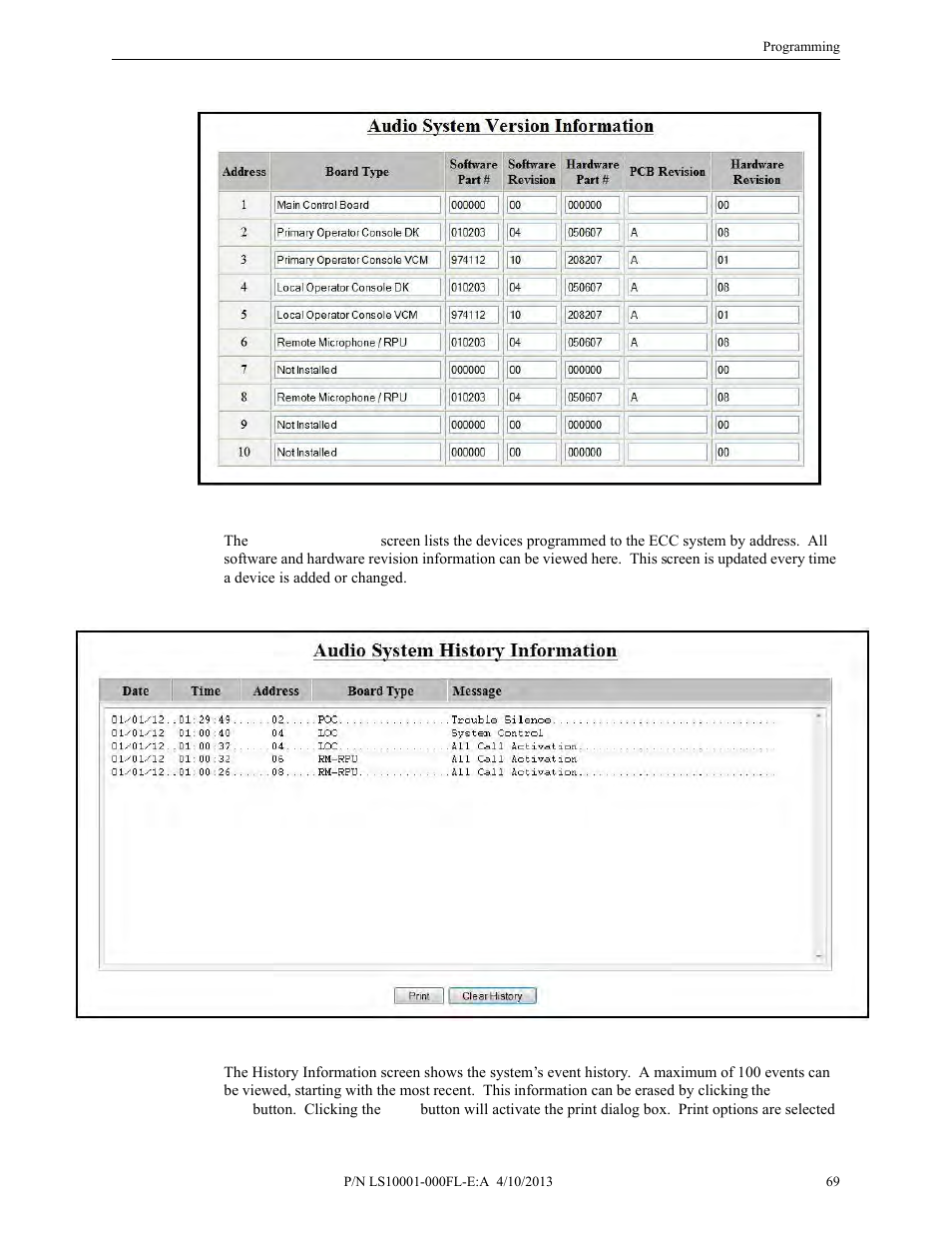 Version information, History information | Fire-Lite ECC-50/100E Emergency Command Center User Manual | Page 69 / 108