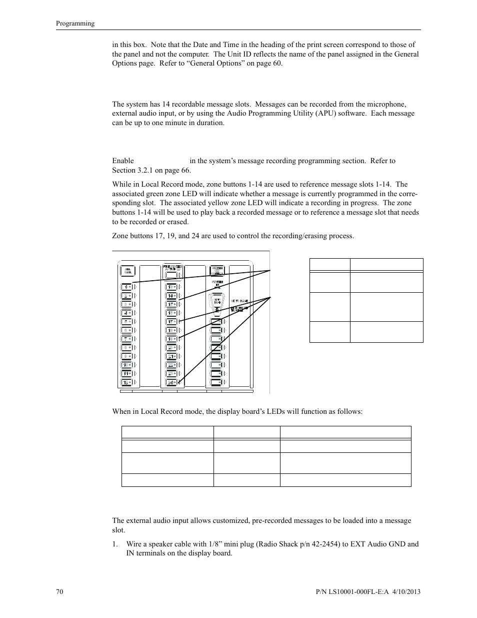 4 recording custom messages, 1 message record mode, 2 external audio input | Recording custom messages, Message record mode, External audio input | Fire-Lite ECC-50/100E Emergency Command Center User Manual | Page 70 / 108