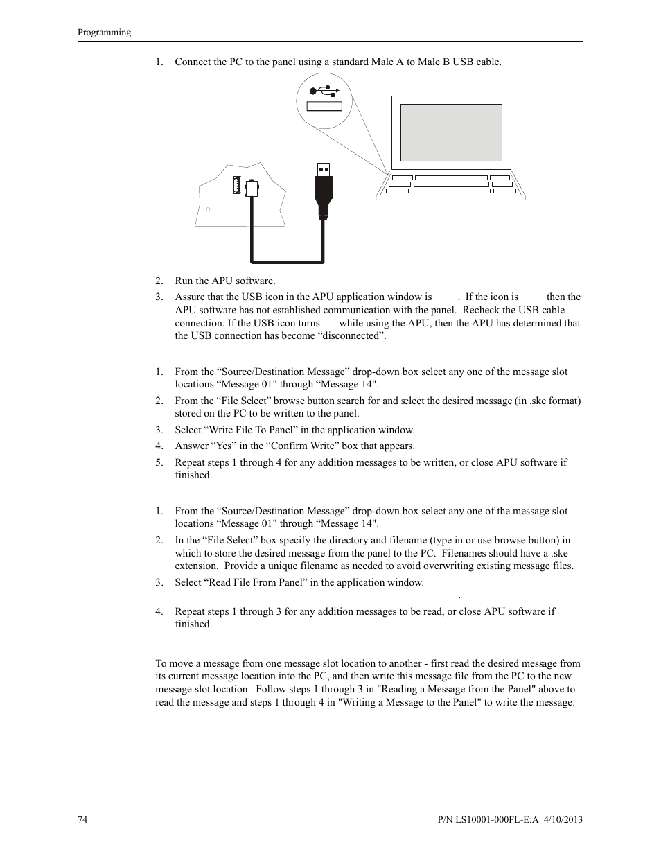 Writing a message to the panel, Reading a message from the panel, Moving a message to a different slot | 1 throug | Fire-Lite ECC-50/100E Emergency Command Center User Manual | Page 74 / 108