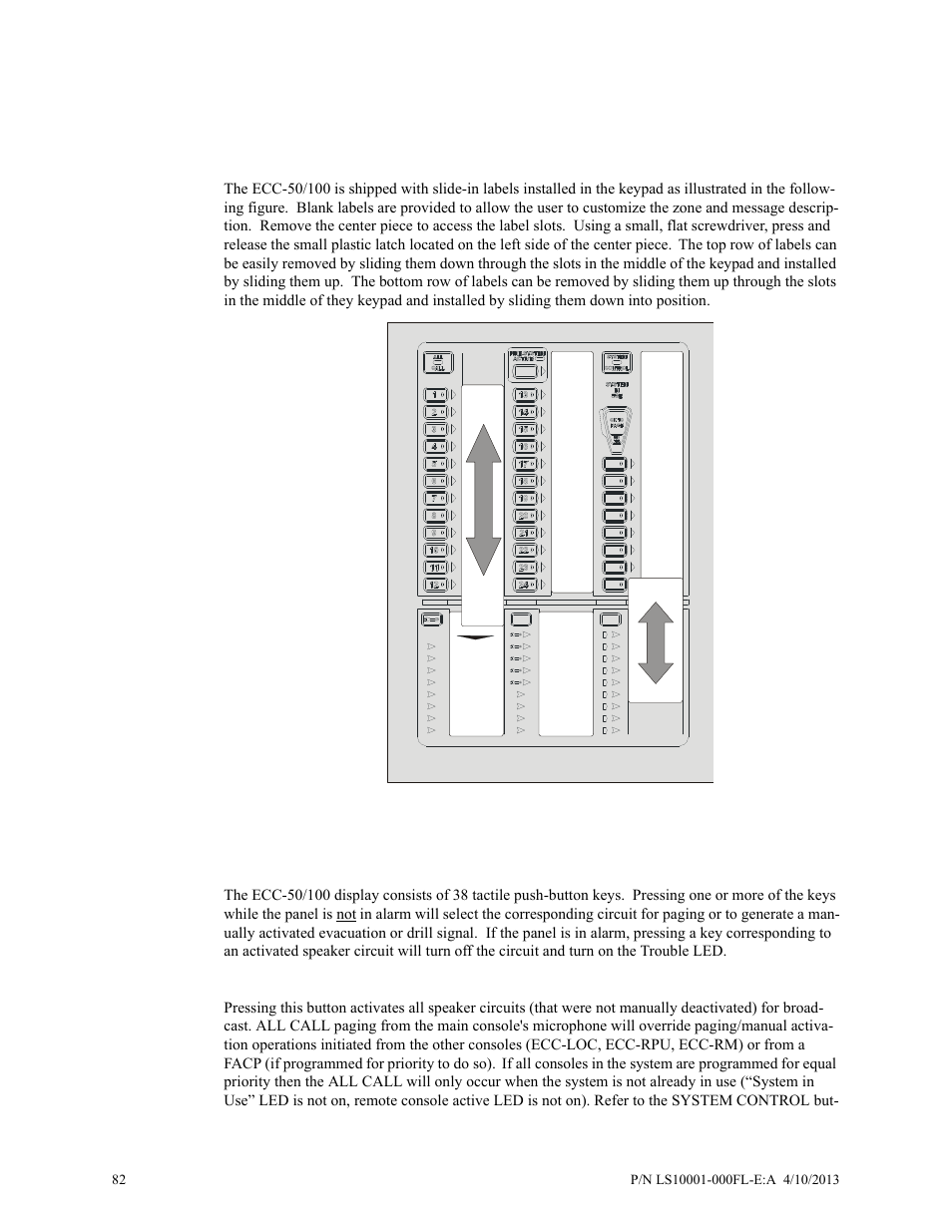 Section 4: operating instructions, 1 main control panel keypad labels, 2 ecc-50/100 switch functions | Main control panel keypad labels, Ecc-50/100 switch functions | Fire-Lite ECC-50/100E Emergency Command Center User Manual | Page 82 / 108