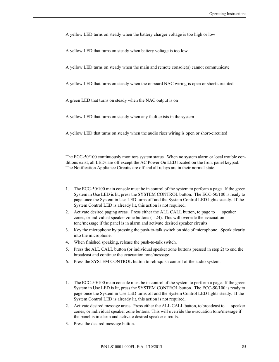 4 operation, 1 paging from the microphone, 2 manual message control | Operation, Paging from the microphone, Manual message control | Fire-Lite ECC-50/100E Emergency Command Center User Manual | Page 85 / 108