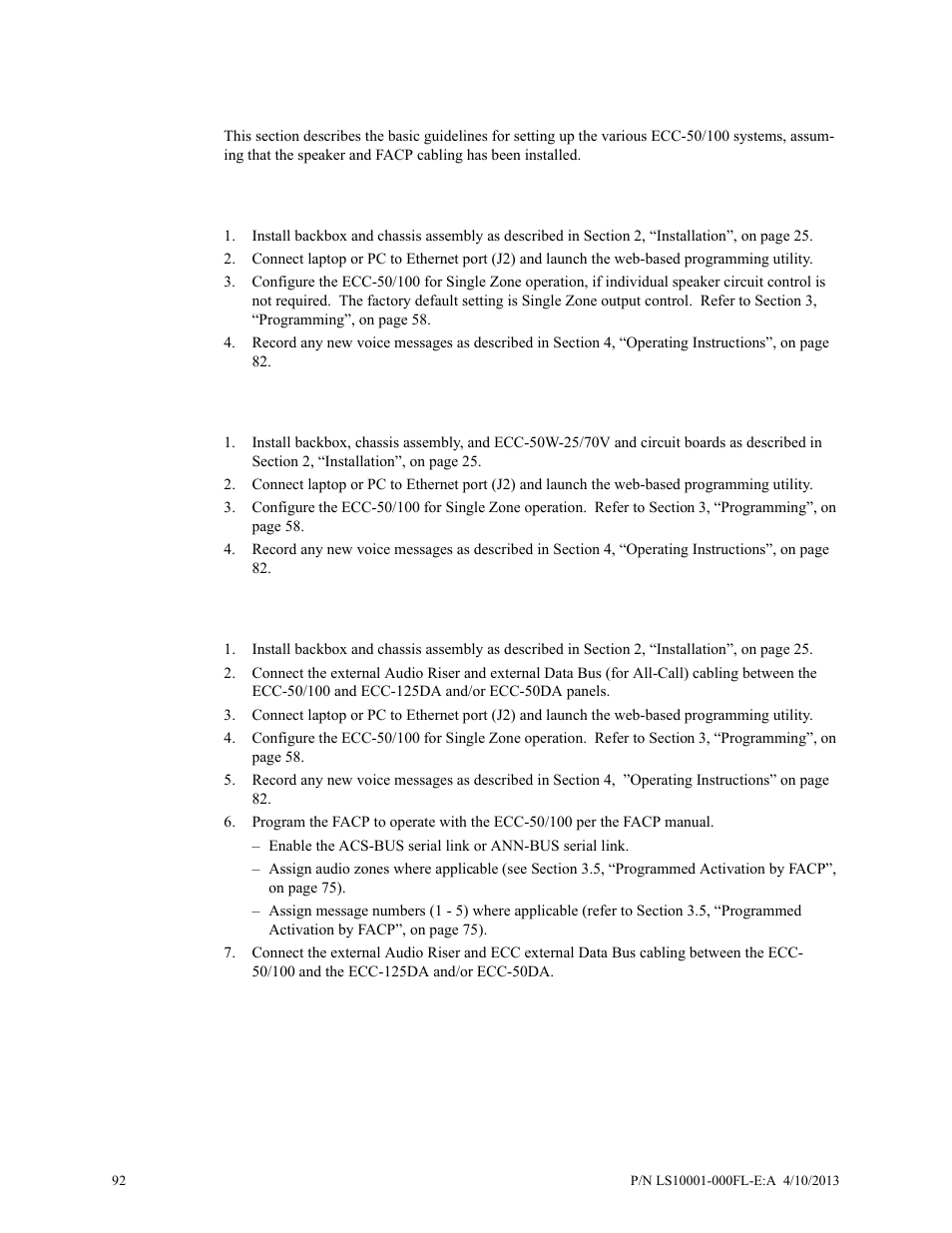 Section 5: getting started, 1 system requiring up to 50 watts of audio power, 2 system requiring up to 100 watts of audio power | System requiring up to 50 watts of audio power, System requiring up to 100 watts of audio power | Fire-Lite ECC-50/100E Emergency Command Center User Manual | Page 92 / 108