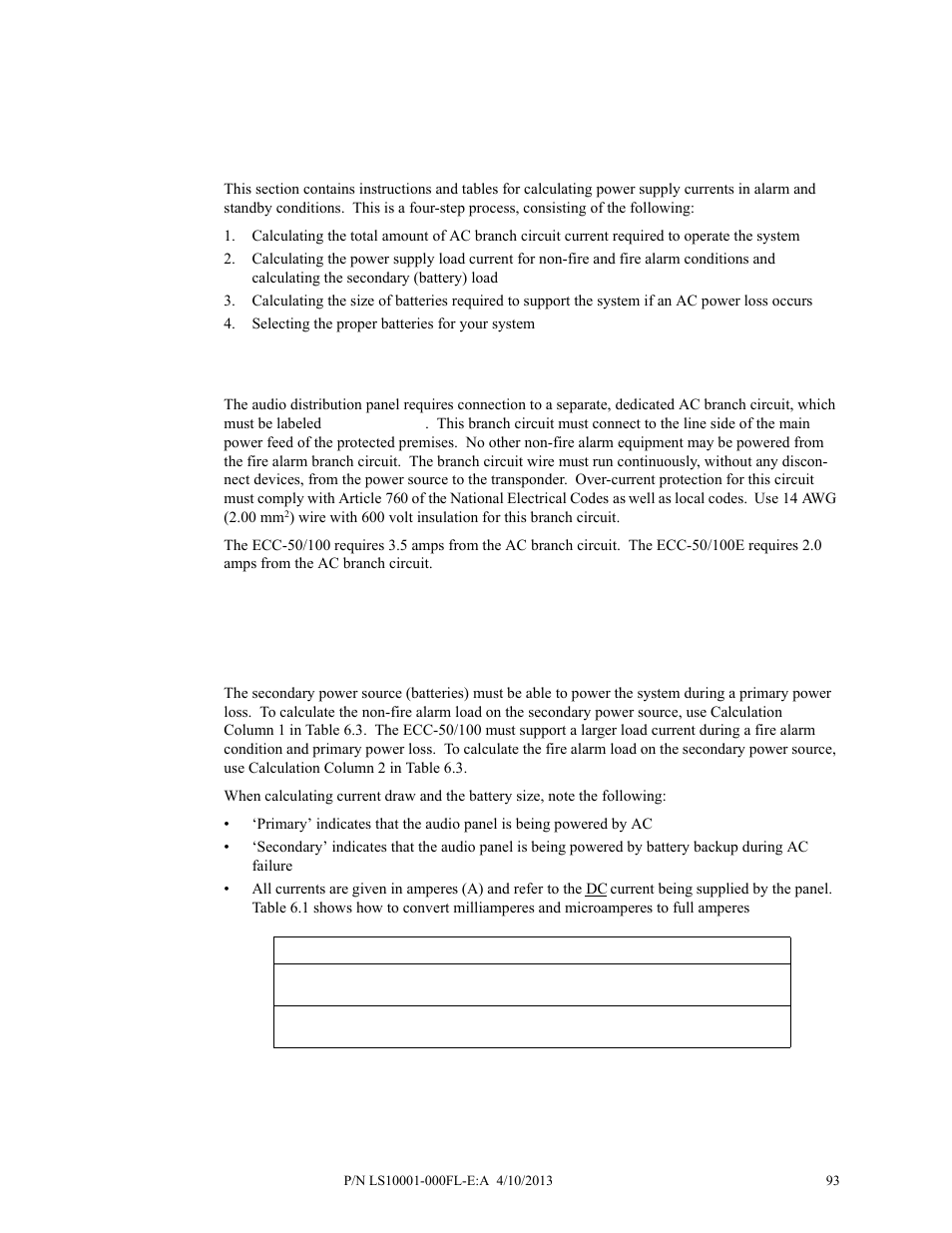 Section 6: power supply calculations, 1 overview, 2 calculating the ac branch circuit | 3 calculating the system current draw, Overview, Calculating the ac branch circuit, Calculating the system current draw | Fire-Lite ECC-50/100E Emergency Command Center User Manual | Page 93 / 108