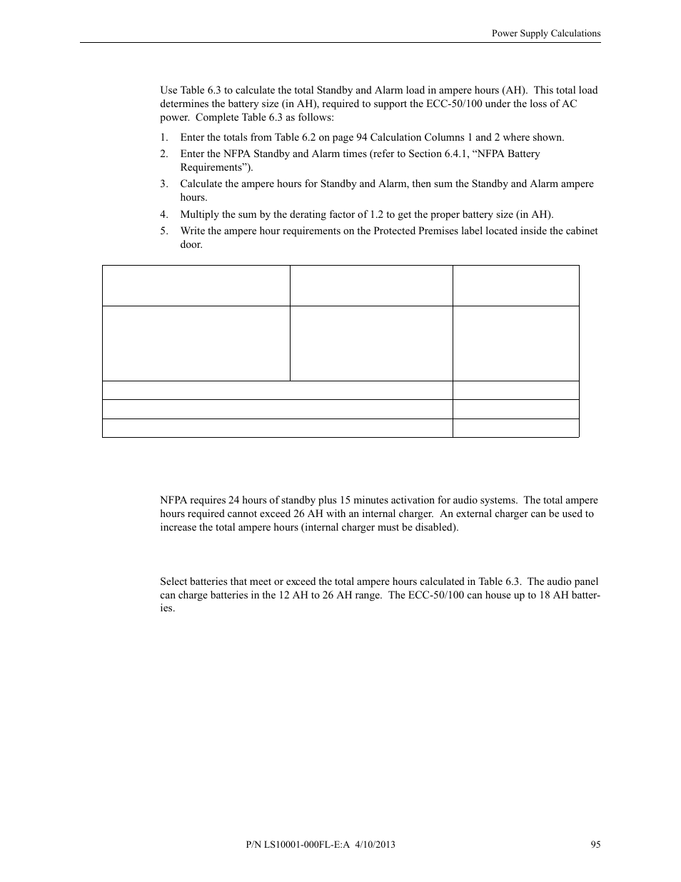 4 calculating the battery size, 1 nfpa battery requirements, 2 selecting and locating batteries | Calculating the battery size, Nfpa battery requirements, Selecting and locating batteries | Fire-Lite ECC-50/100E Emergency Command Center User Manual | Page 95 / 108