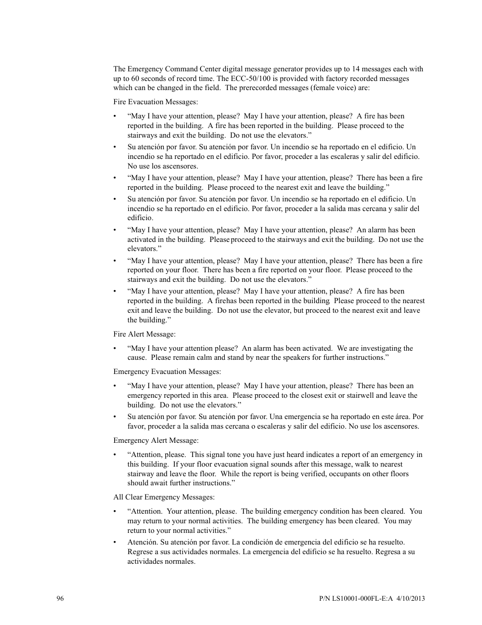 Appendix a: digital voice messages | Fire-Lite ECC-50/100E Emergency Command Center User Manual | Page 96 / 108