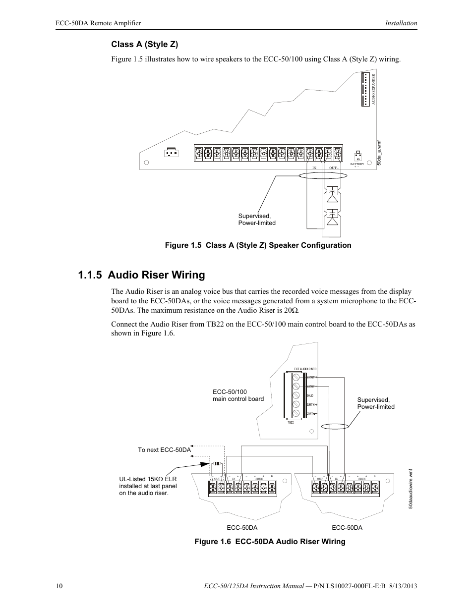 Class a (style z), 5 audio riser wiring, Audio riser wiring | Figure 1.5 class a (style z) speaker configuration, Figure 1.6 ecc-50da audio riser wiring | Fire-Lite ECC-125DA/E Distributed Audio Amplifiers User Manual | Page 10 / 26