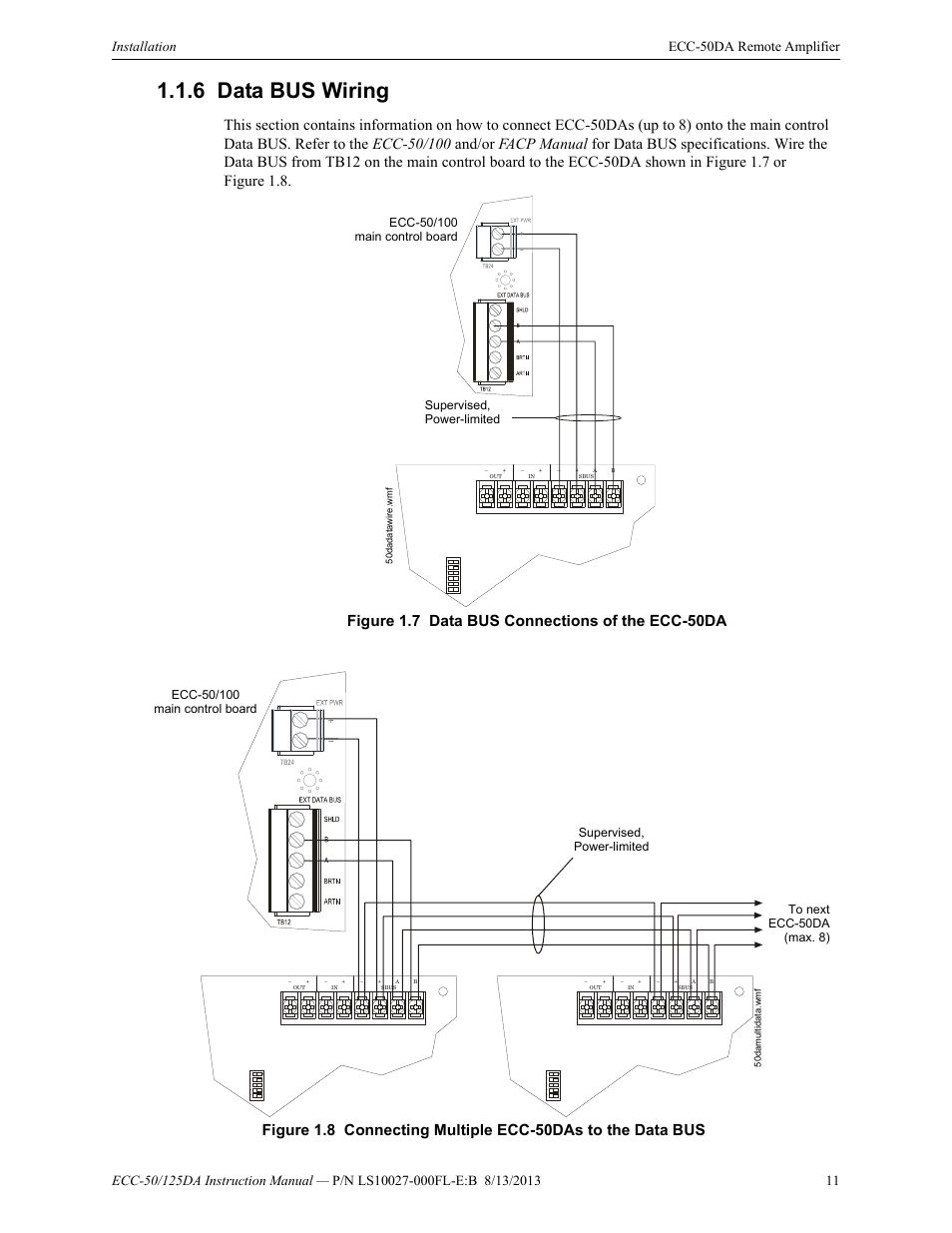 6 data bus wiring, Data bus wiring, Figure 1.7 data bus connections of the ecc-50da | Fire-Lite ECC-125DA/E Distributed Audio Amplifiers User Manual | Page 11 / 26