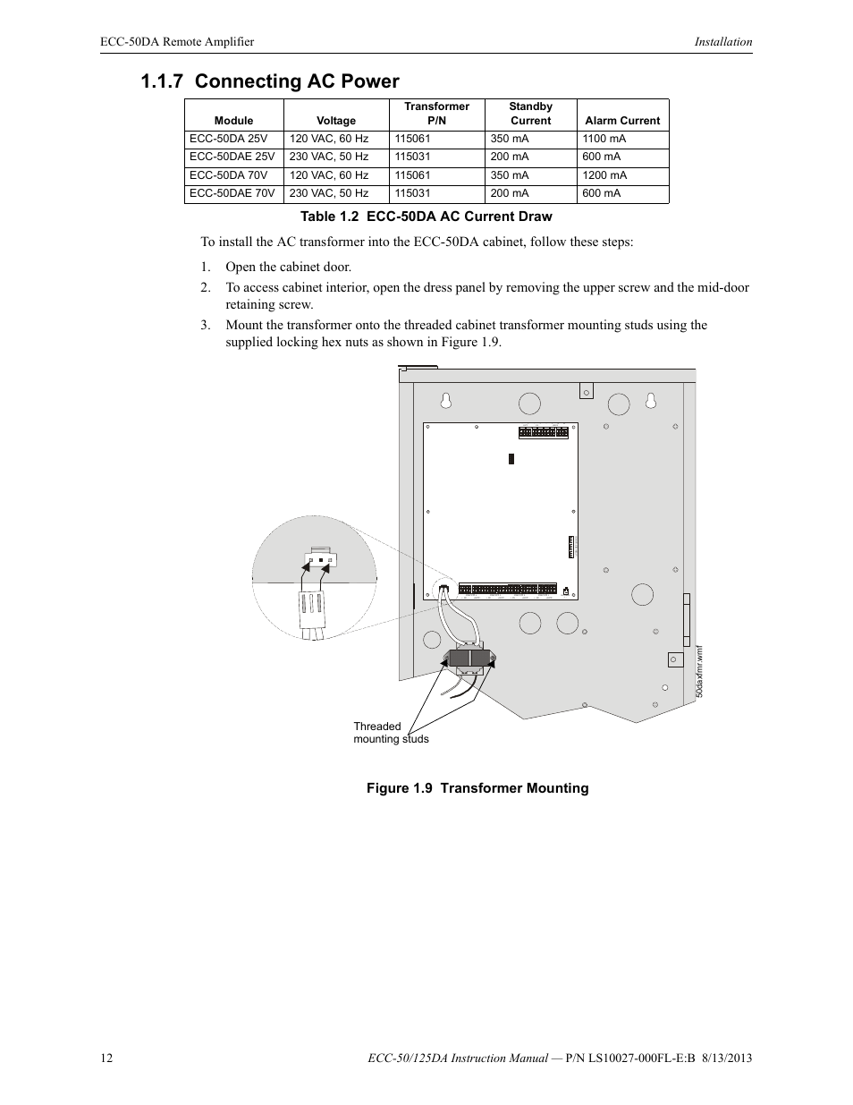 7 connecting ac power, Connecting ac power, Table 1.2 ecc-50da ac current draw | Figure 1.9 transformer mounting, Threaded mounting studs | Fire-Lite ECC-125DA/E Distributed Audio Amplifiers User Manual | Page 12 / 26