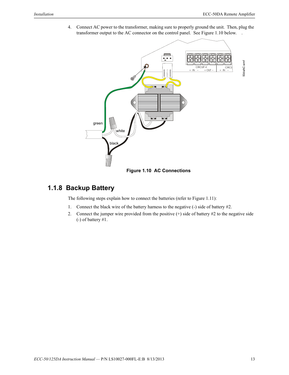 8 backup battery, Backup battery, Figure 1.10 ac connections | Fire-Lite ECC-125DA/E Distributed Audio Amplifiers User Manual | Page 13 / 26