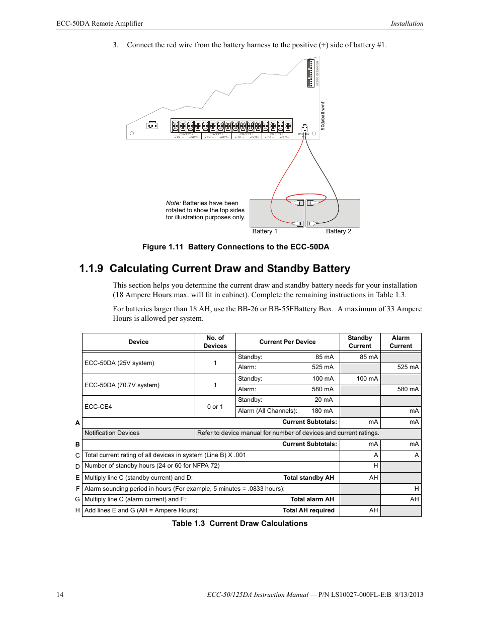 9 calculating current draw and standby battery, Calculating current draw and standby battery, Table 1.3 current draw calculations | Fire-Lite ECC-125DA/E Distributed Audio Amplifiers User Manual | Page 14 / 26