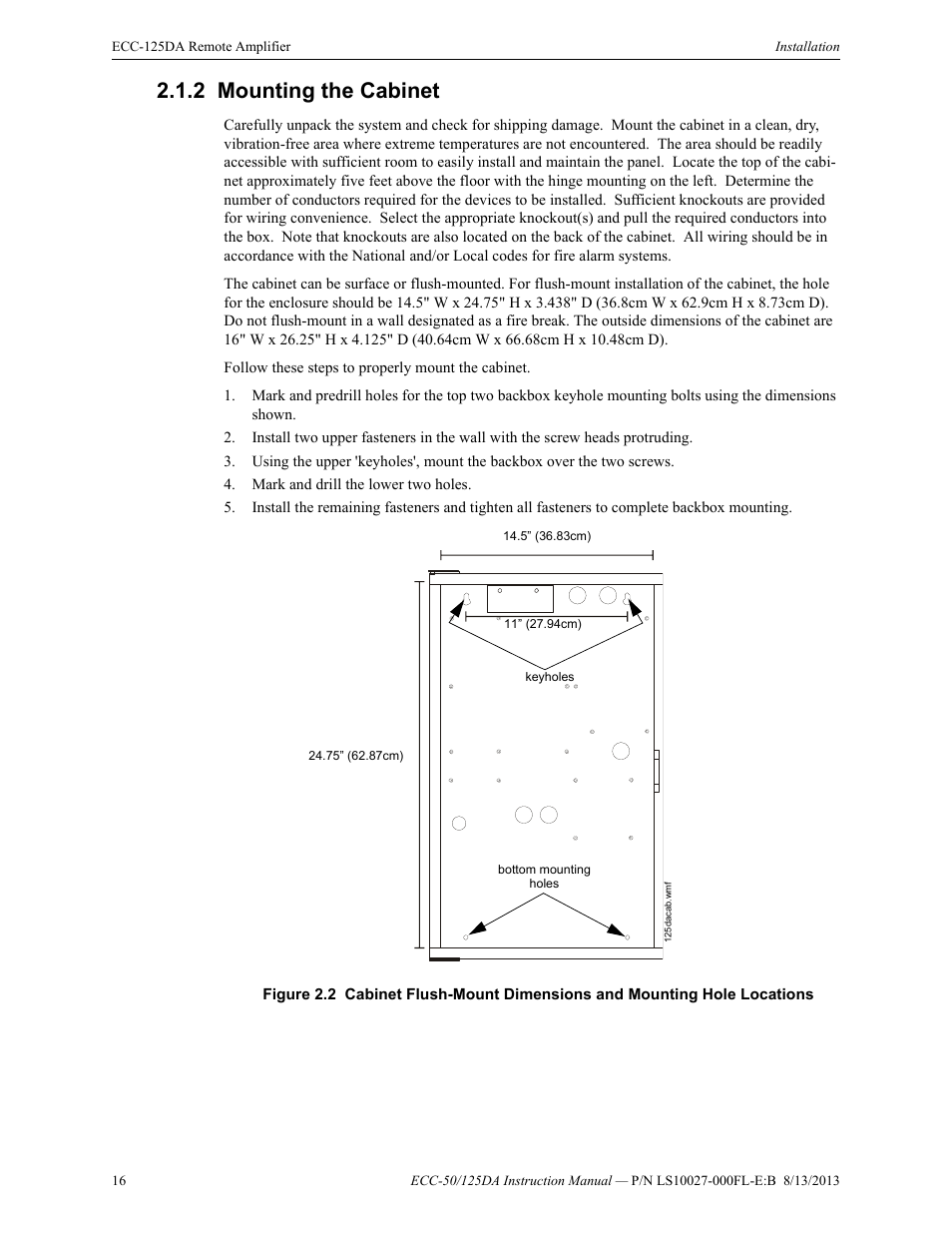 2 mounting the cabinet, Mounting the cabinet | Fire-Lite ECC-125DA/E Distributed Audio Amplifiers User Manual | Page 16 / 26