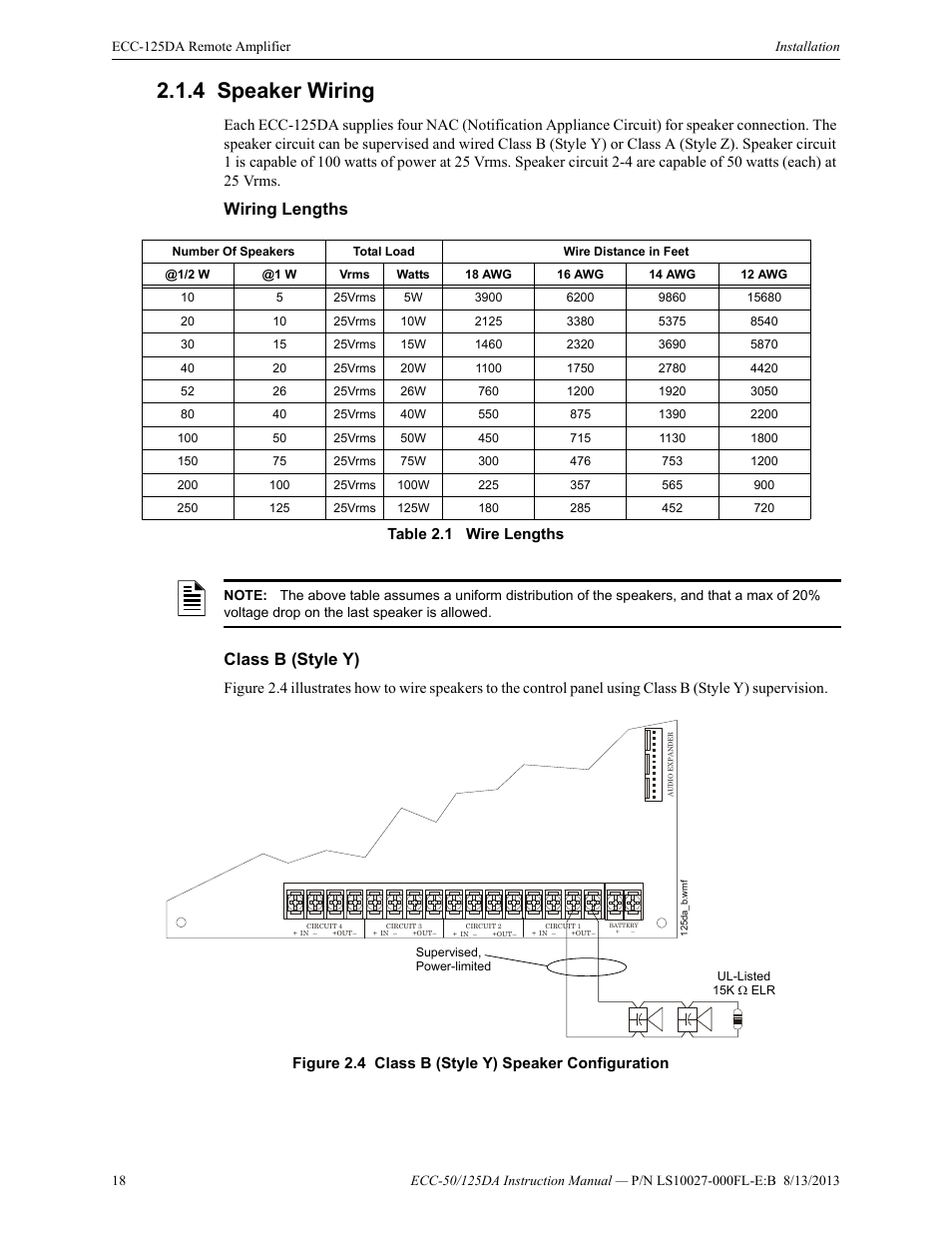 4 speaker wiring, Wiring lengths, Class b (style y) | Speaker wiring, Wiring lengths class b (style y), Table 2.1 wire lengths, Figure 2.4 class b (style y) speaker configuration | Fire-Lite ECC-125DA/E Distributed Audio Amplifiers User Manual | Page 18 / 26