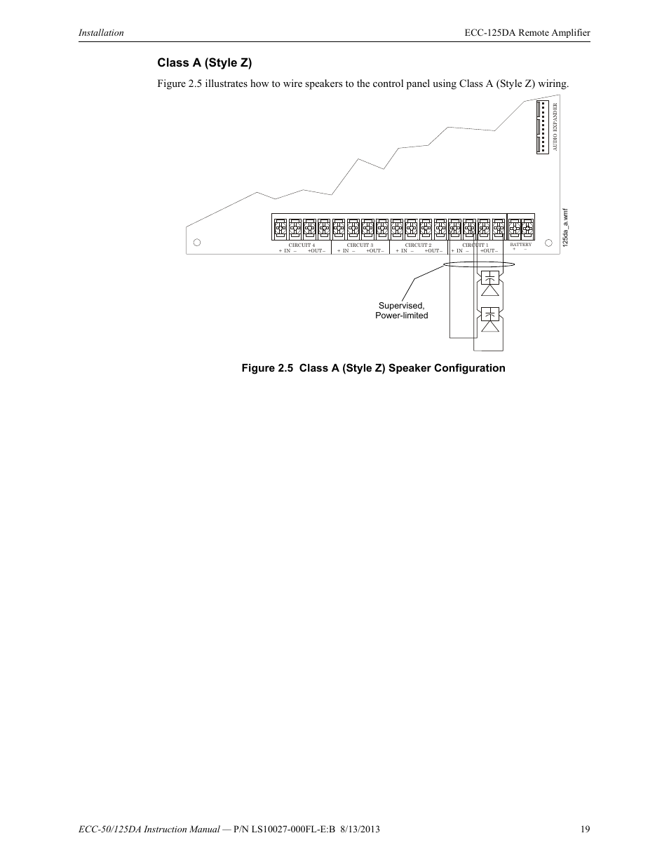 Class a (style z), Figure 2.5 class a (style z) speaker configuration, Supervised, power-limited | Fire-Lite ECC-125DA/E Distributed Audio Amplifiers User Manual | Page 19 / 26