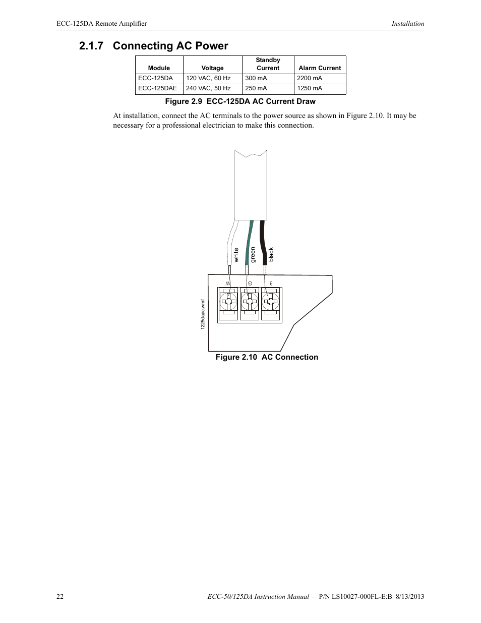 7 connecting ac power, Connecting ac power | Fire-Lite ECC-125DA/E Distributed Audio Amplifiers User Manual | Page 22 / 26