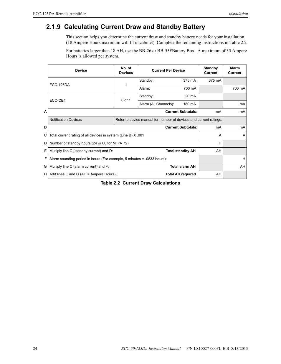 9 calculating current draw and standby battery, Calculating current draw and standby battery | Fire-Lite ECC-125DA/E Distributed Audio Amplifiers User Manual | Page 24 / 26