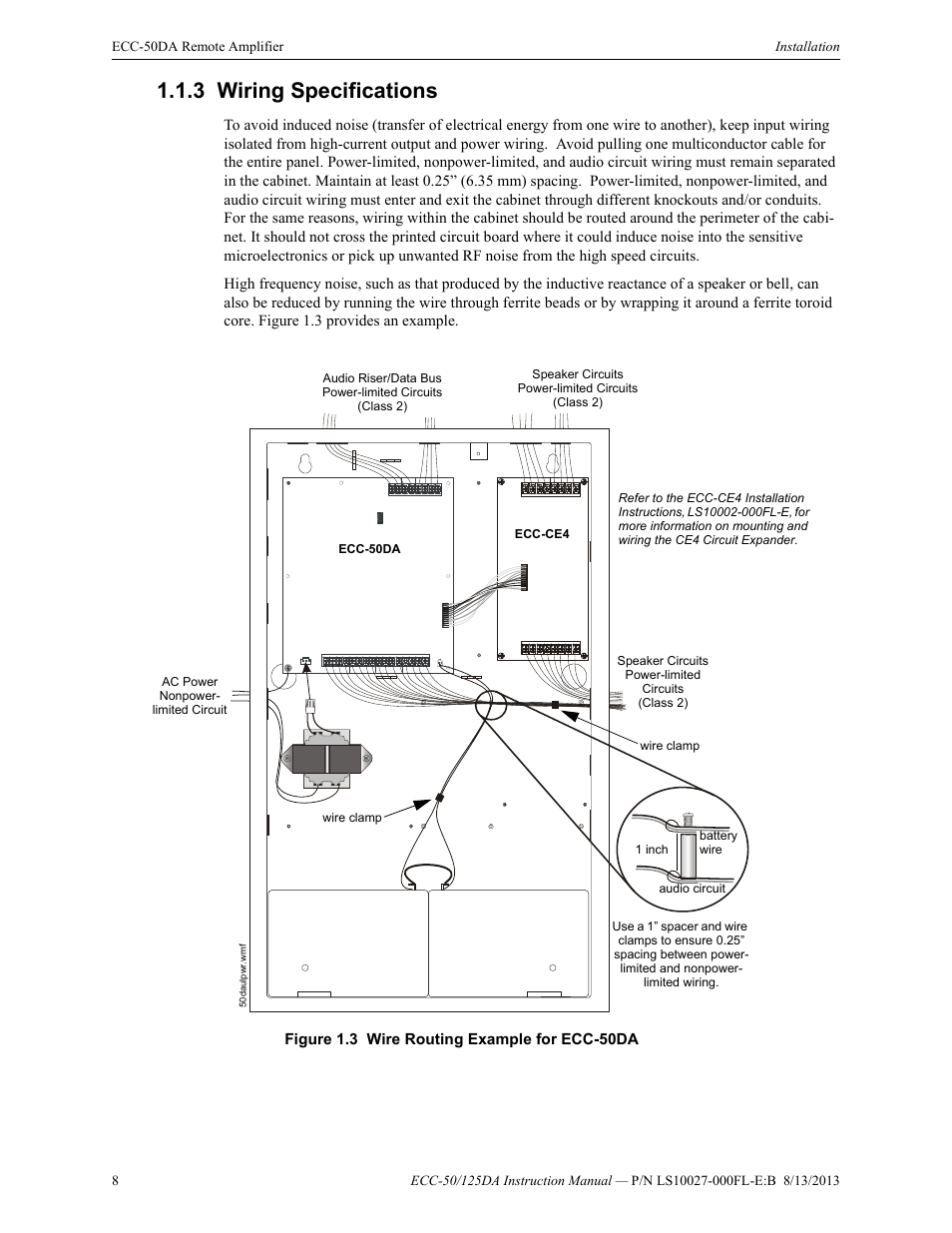 3 wiring specifications, Wiring specifications, Figure 1.3 wire routing example for ecc-50da | Fire-Lite ECC-125DA/E Distributed Audio Amplifiers User Manual | Page 8 / 26