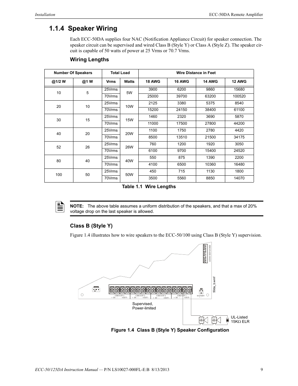 4 speaker wiring, Wiring lengths, Class b (style y) | Speaker wiring, Wiring lengths class b (style y), Table 1.1 wire lengths, Figure 1.4 class b (style y) speaker configuration | Fire-Lite ECC-125DA/E Distributed Audio Amplifiers User Manual | Page 9 / 26