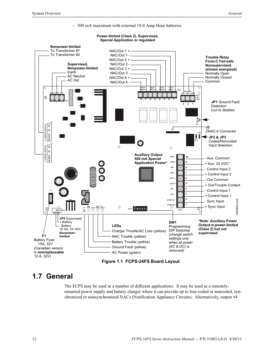 7 general, General, Figure 1.1 fcps-24fs board layout | Fire-Lite FCPS Series Field Charger/Power Supply User Manual | Page 12 / 48