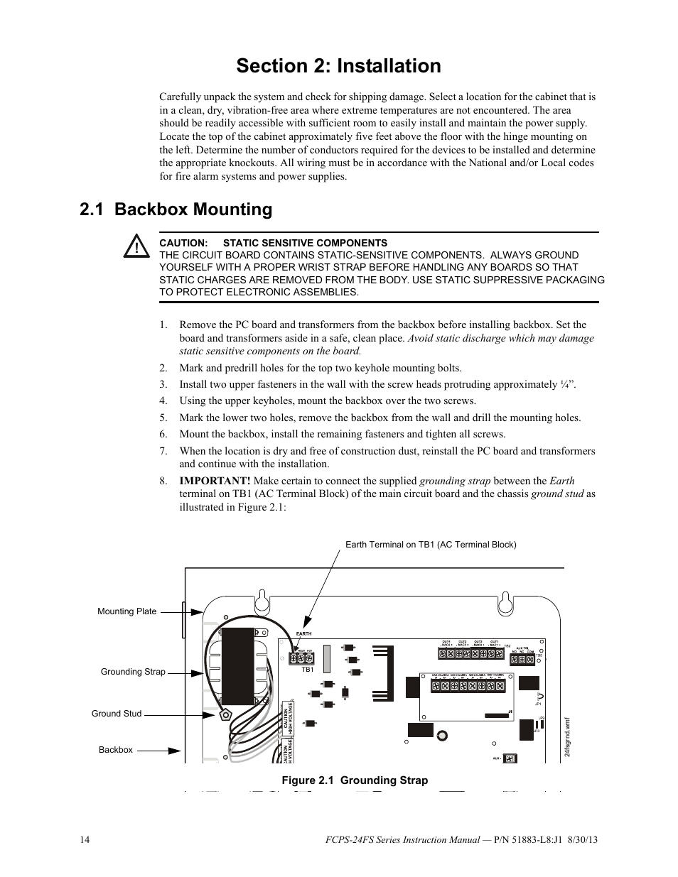 Section 2: installation, 1 backbox mounting, Backbox mounting | Fire-Lite FCPS Series Field Charger/Power Supply User Manual | Page 14 / 48